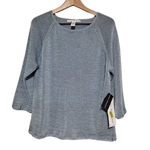 Josephine Chaus Knitted Blouse Womens Large Blue Cropped 3/4 Sleeve Coastal
